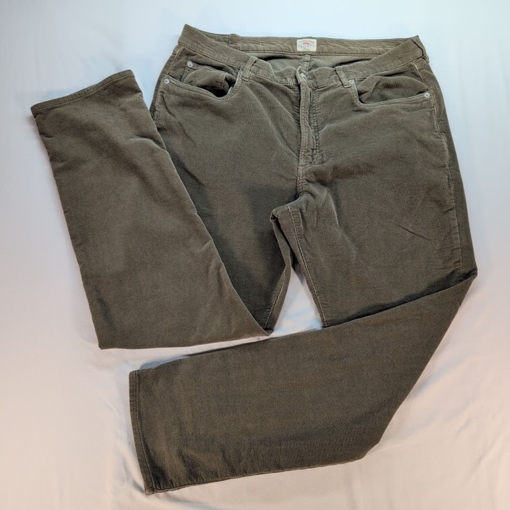 Faherty Brand Mens Corduroy Pants Olive Green Straight Leg Stretch Size 35 x 32